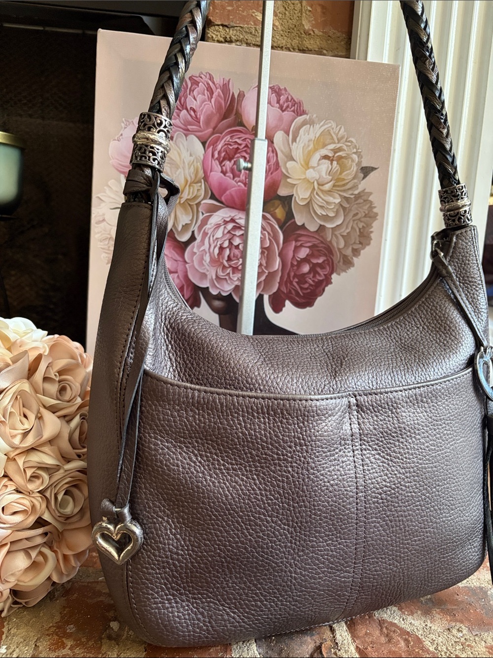 Brighton Dark Brown Pebbled Leather Braided Shoulder Hobo Bag Heart Tassel - Picture 3 of 9